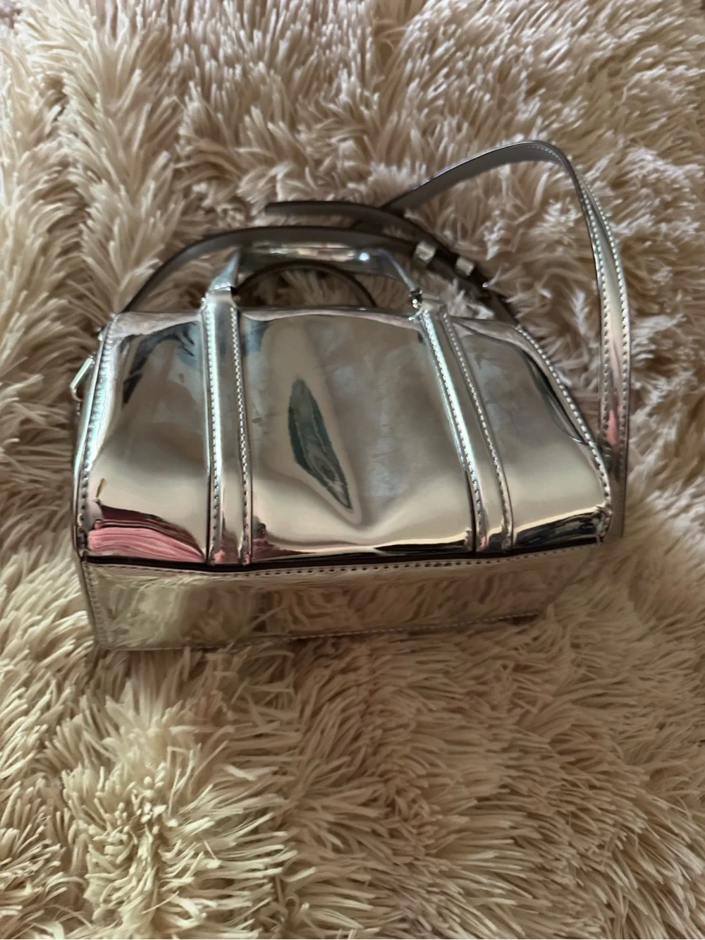 Michael Kors Metallic Silver Mirror Mini Barrel Satchel Crossbody Bag